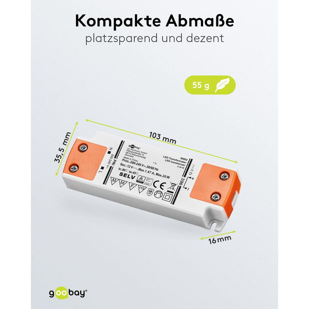 goobay LED-Netzteil / LED-Trafo, 20 W, 12 V DC, 1,67 A, Konstantspannung, IP20, ultraflach