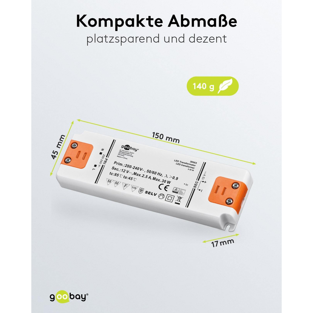 goobay LED-Netzteil / LED-Trafo, 30 W, 12 V DC, 2,5 A, Konstantspannung, IP20, ultraflach