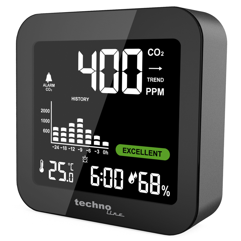technoline CO2-Messgerät / CO2-Anzeige WL1025, Kohlendioxid, Ampel-Anzeige, Akku