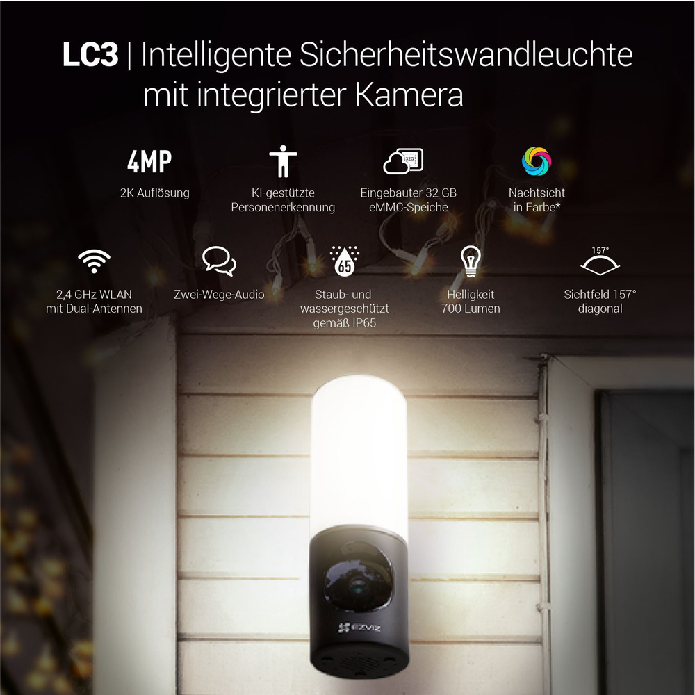 EZVIZ WLAN-Überwachungskamera LC3 mit integrierter LED-Leuchte,  App, 2K-Auflösung, 700 lm, IP65