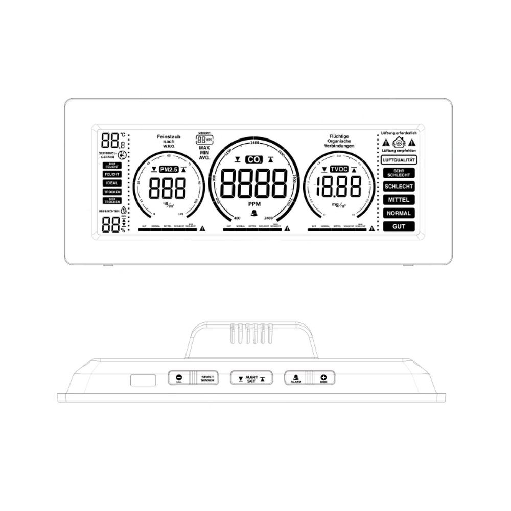 technoline Luftgüte-Monitor WL1035 - CO2, TVOC, Feinstaub, Temperatur, Luftfeuchte, Ampel-Anzeigen