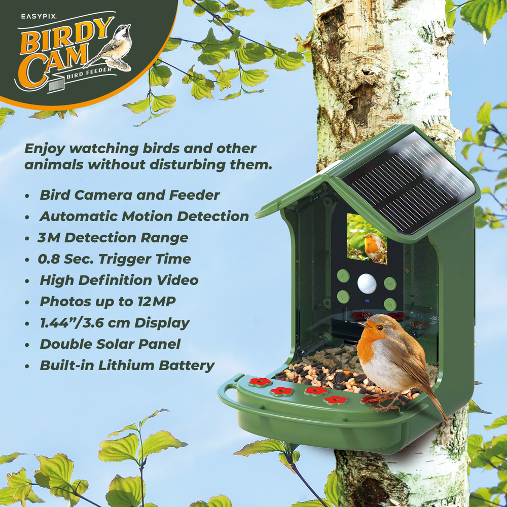 EASYPIX Vogelfutterhaus -BirdyCam- mit HD-Kamera, Solar-Panel und Akku, speichert auf microSD-Karte